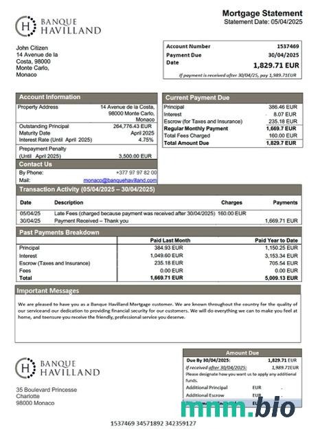 Monako Banque Havilland wyciąg z kredytu hipotecznego szablon Word i PDF